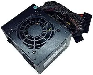 Compact SFX power supply unit with black metal casing and sleeved cables visible