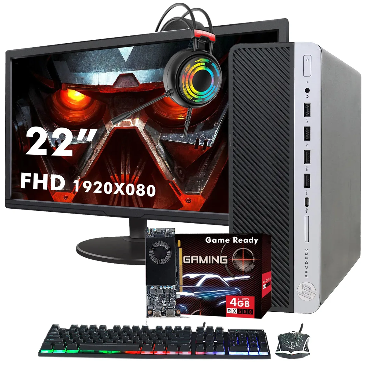 HP HP ProDesk 600 G3 SFF desktop PC, i5-6500, 16GB DDR4, 256GB SSD, RX 550, 22" monitor — termékfotó