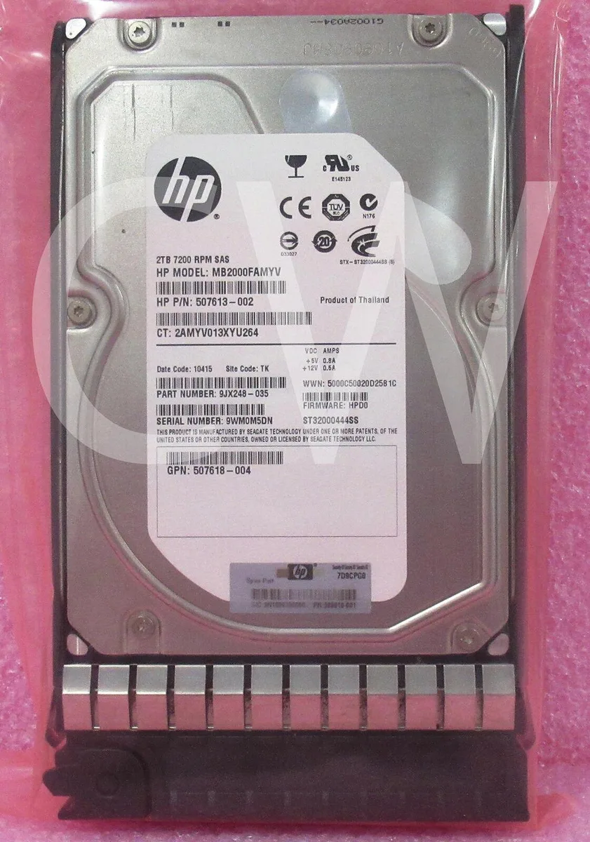 Silver 3.5-inch SAS hard drive mounted in a black HP Smart Carrier tray with green release lever