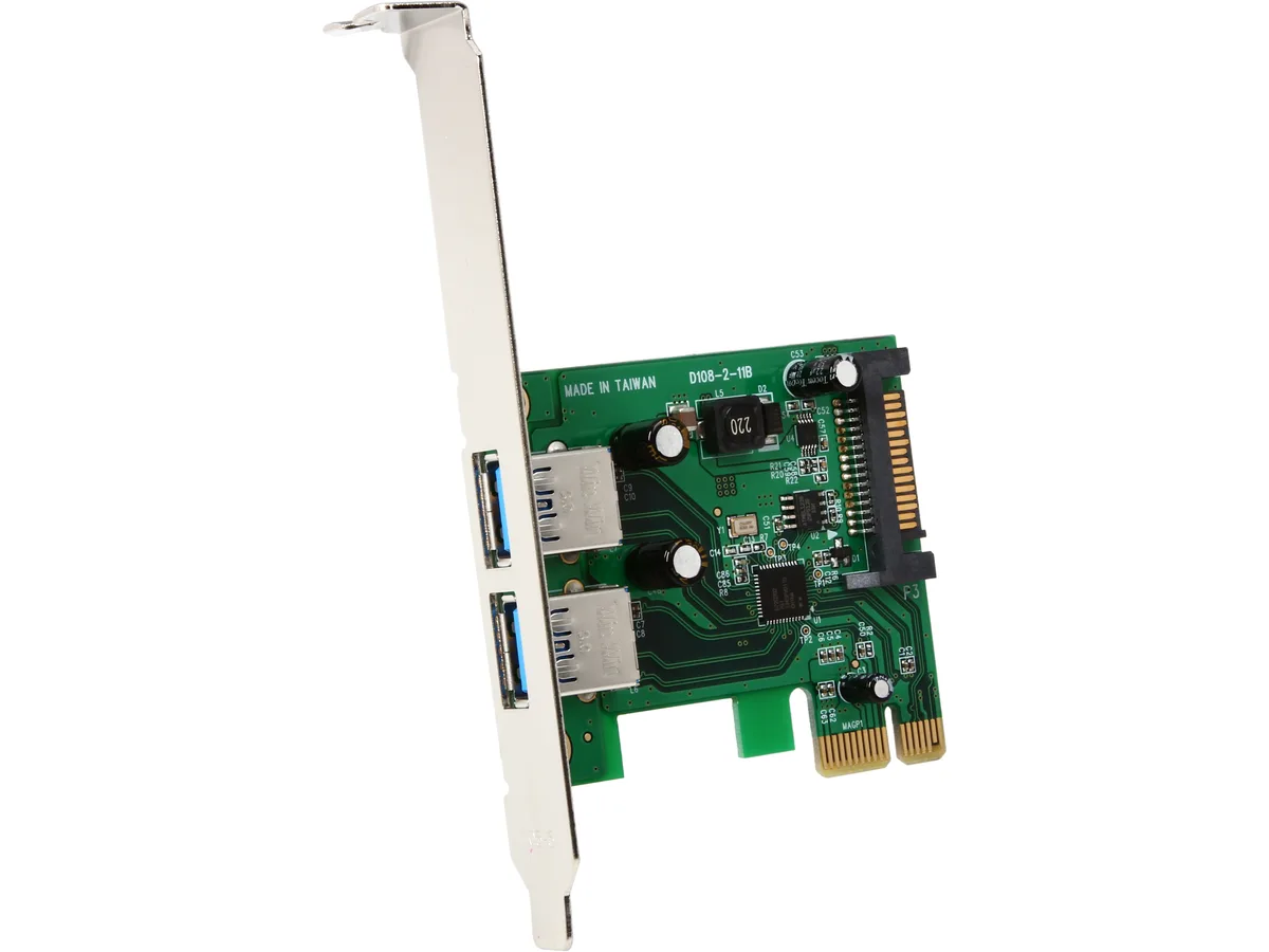 Green circuit board with two blue USB ports and a SATA power connector, full-height metal bracket installed