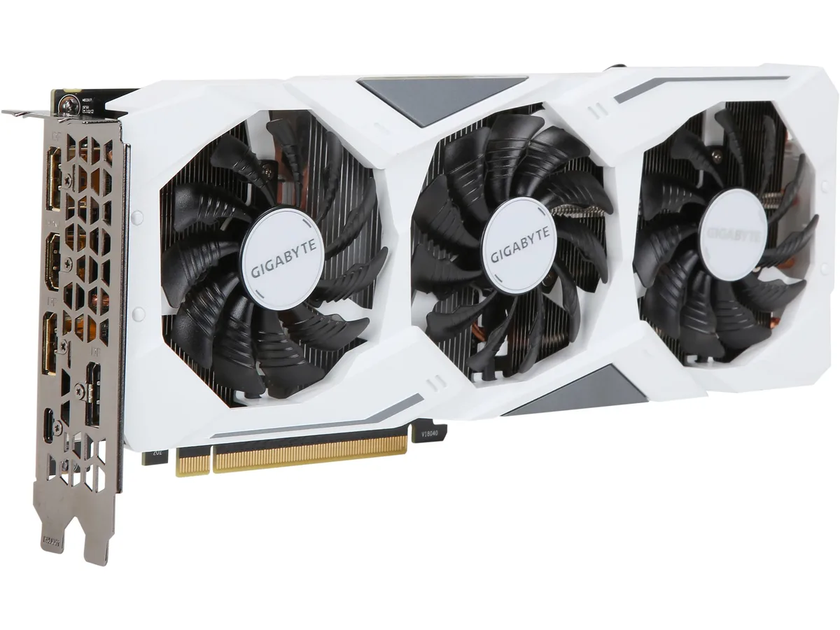 White dual-slot graphics card with three fans and a metal backplate