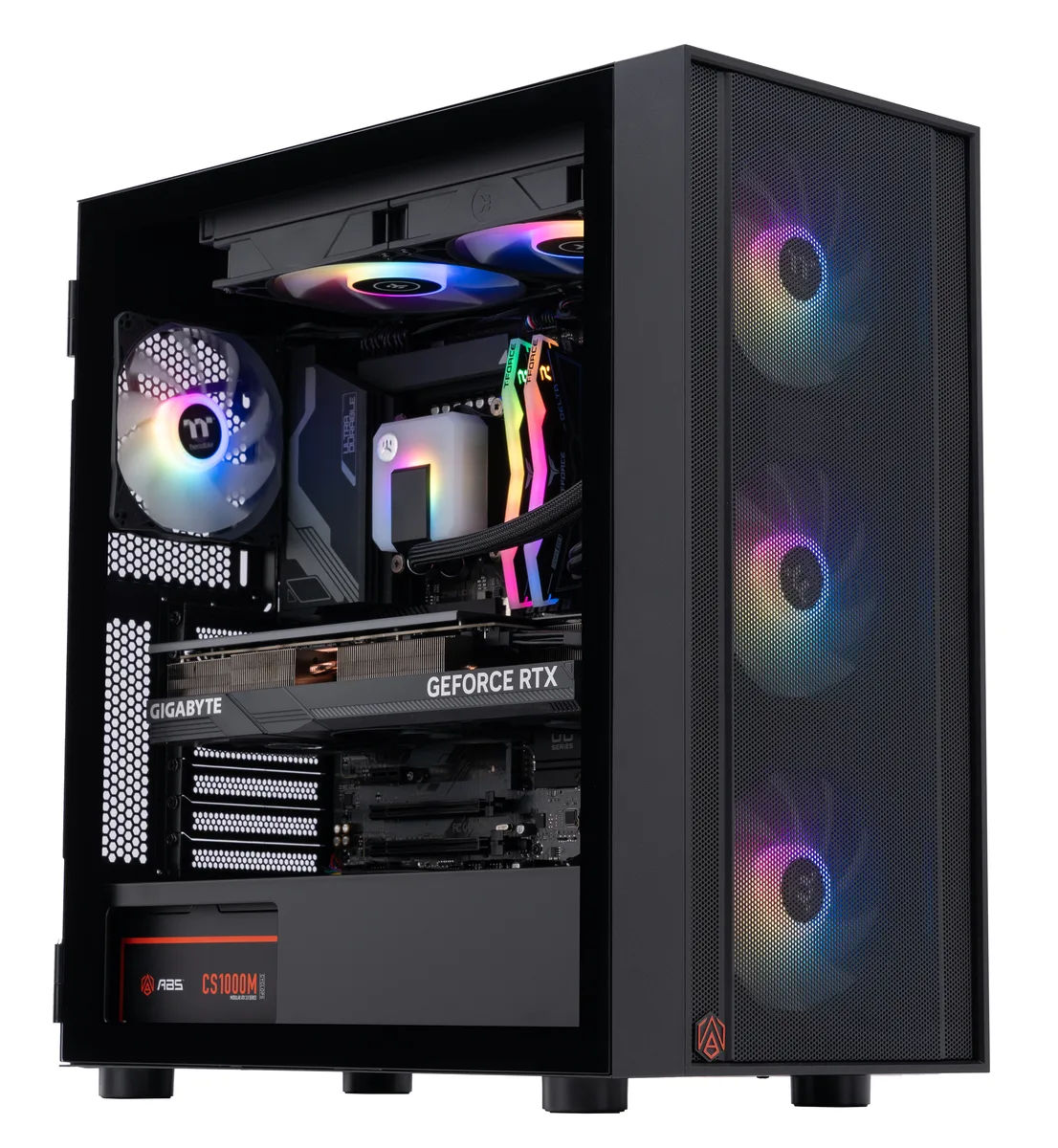Black ABS Eurus 570 mid-tower case with glass side panel showing liquid cooler and RGB memory