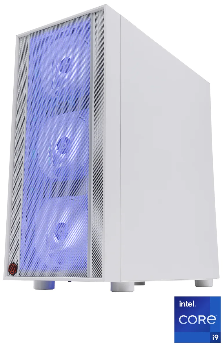 White mid-tower gaming PC with tempered glass side panel and RGB lighting