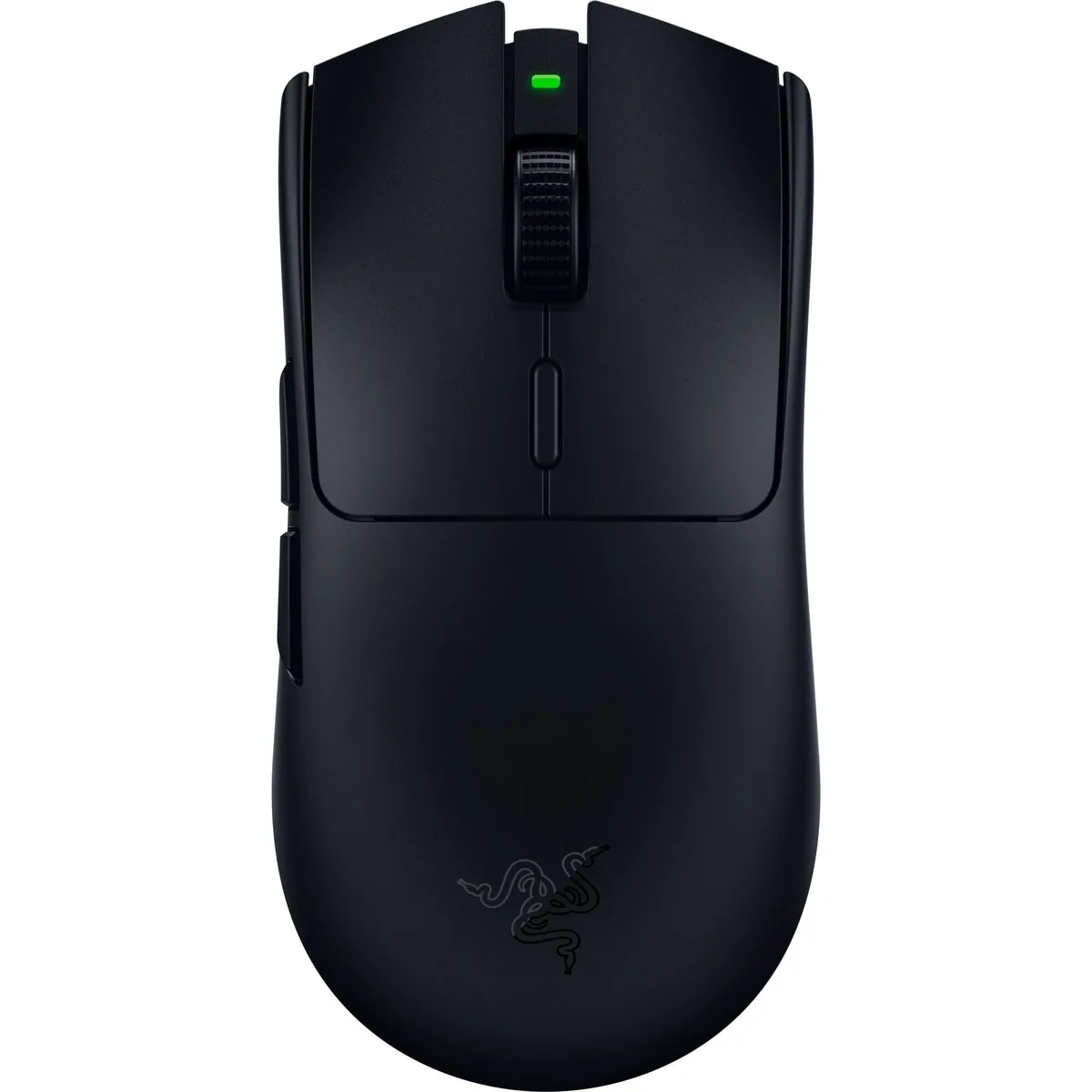 Black ambidextrous wireless gaming mouse with six buttons and symmetrical shape