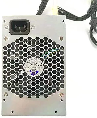 Rectangular metal power supply unit with rear fan grille and side label