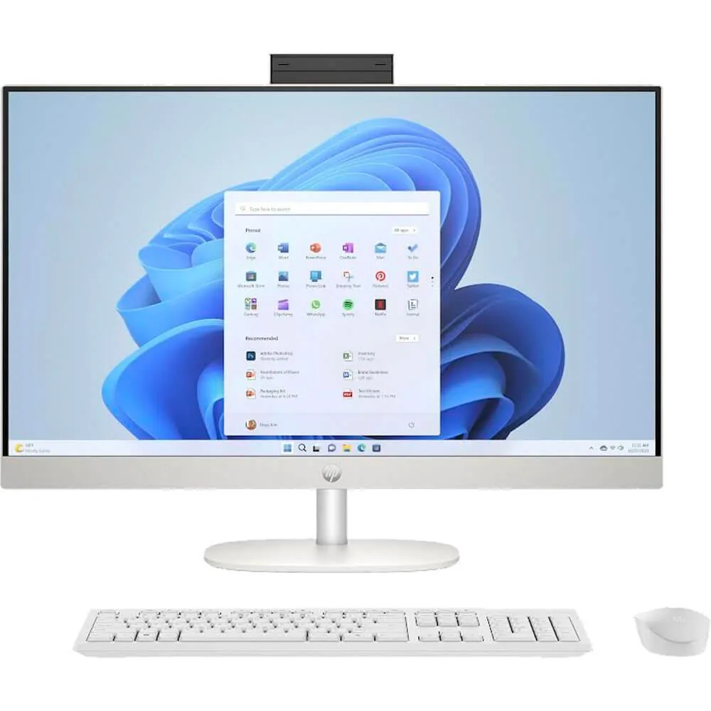 27 inch touchscreen all-in-one desktop with slim bezels and pop-up camera