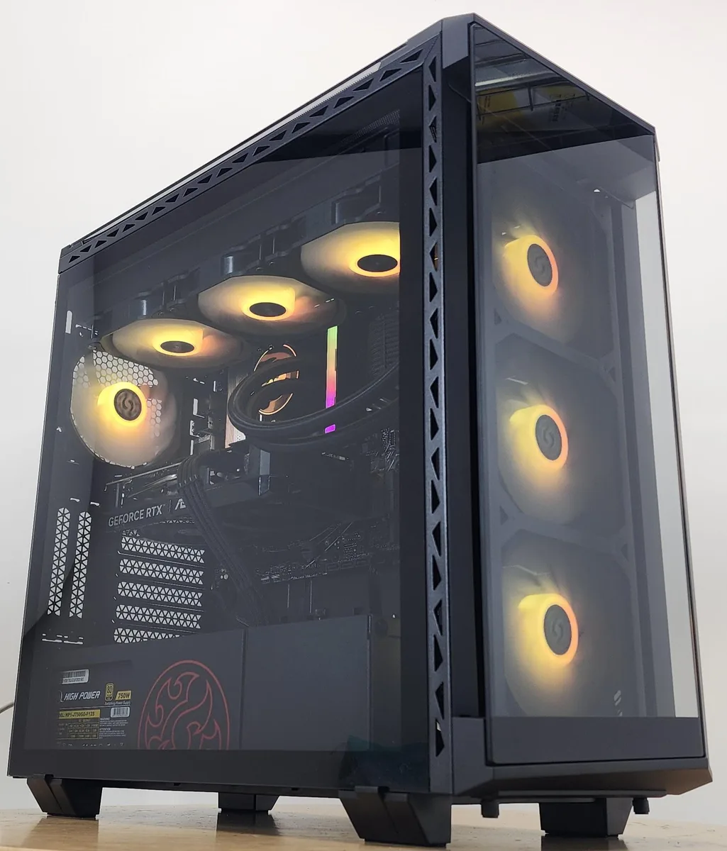 White mid-tower case with RGB liquid cooler and graphics card visible inside