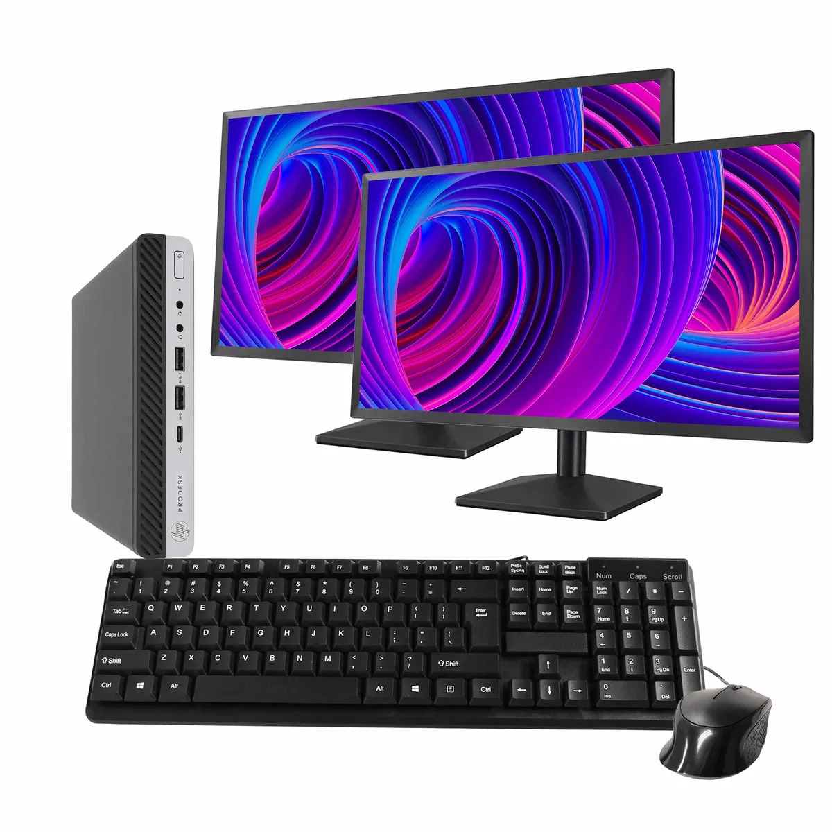Black and silver HP ProDesk 600 G5 mini desktop with two 24 inch monitors, wired keyboard and mouse