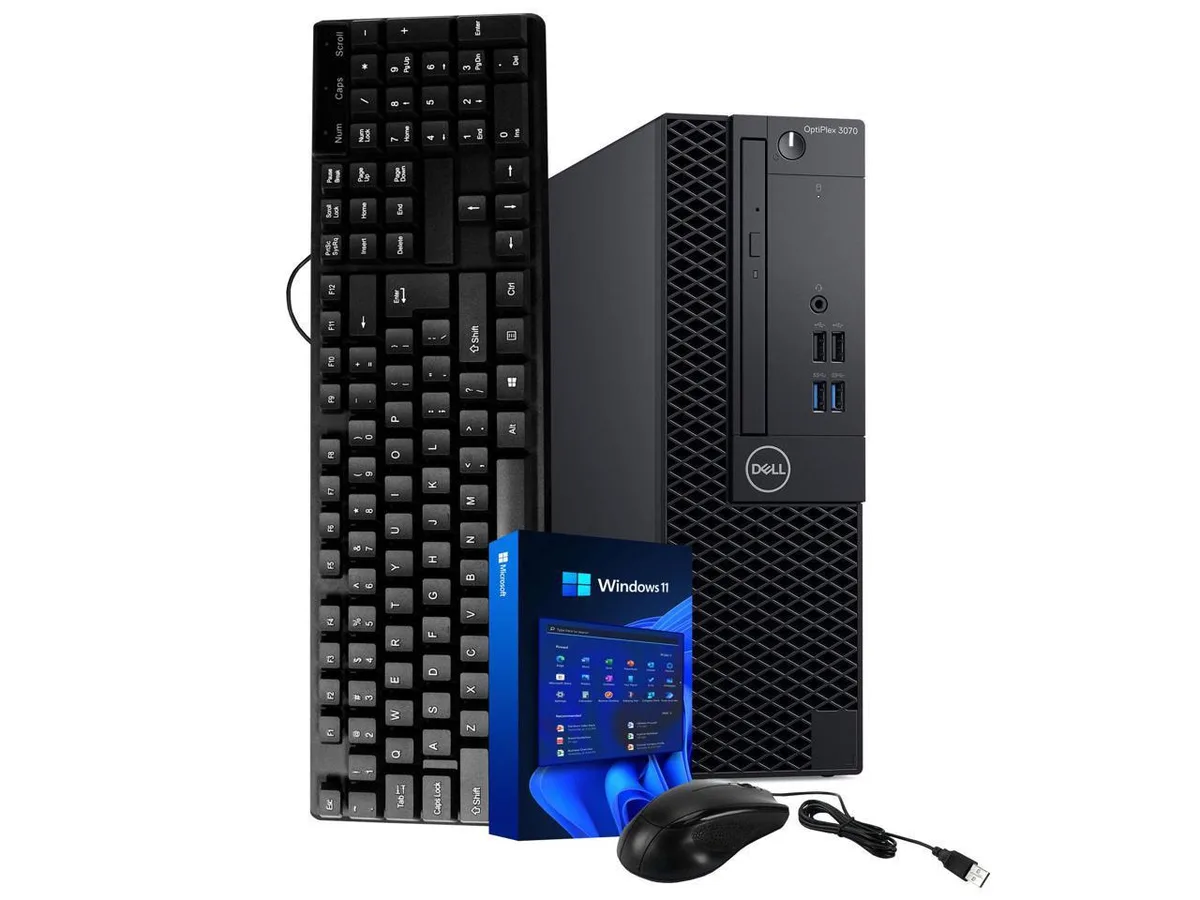 Black Dell OptiPlex 3070 desktop tower with wired keyboard and mouse