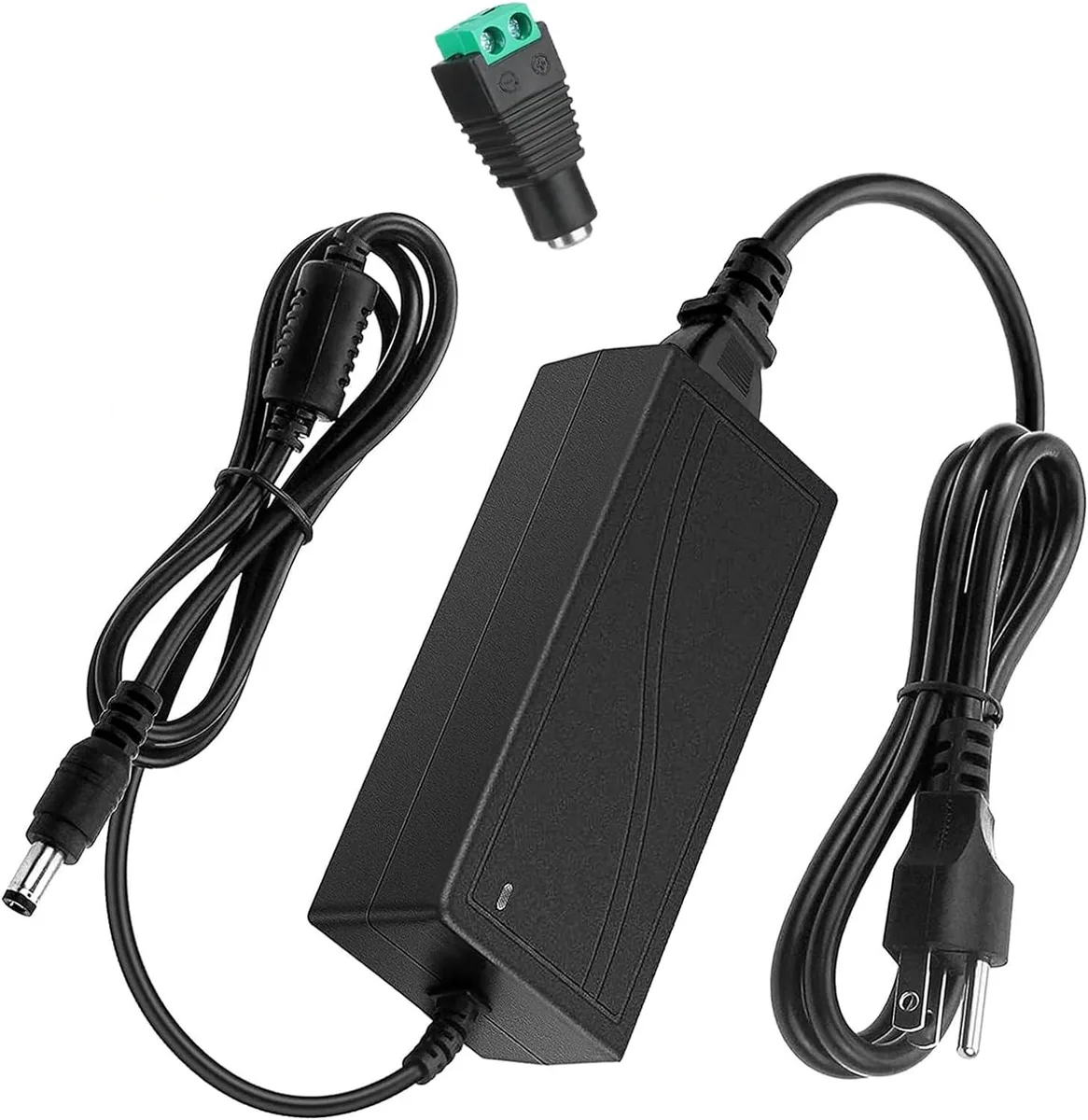 Rectangular black AC-DC power brick with LED terminal connector and 5.5x2.1mm DC jack