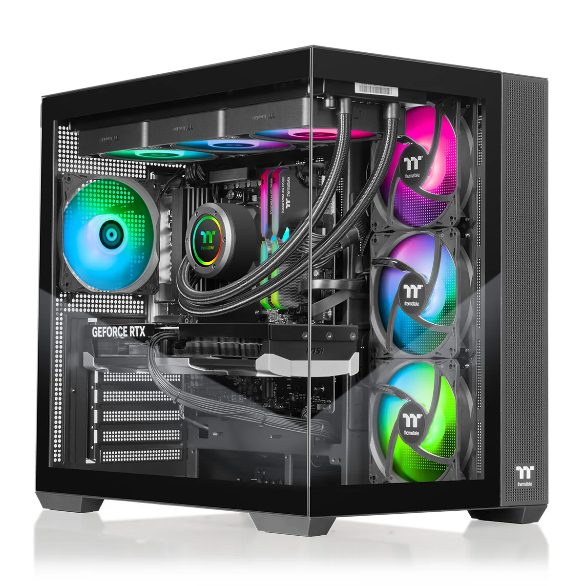 Black mid-tower V380 case with 360 AIO cooling visible through glass panel