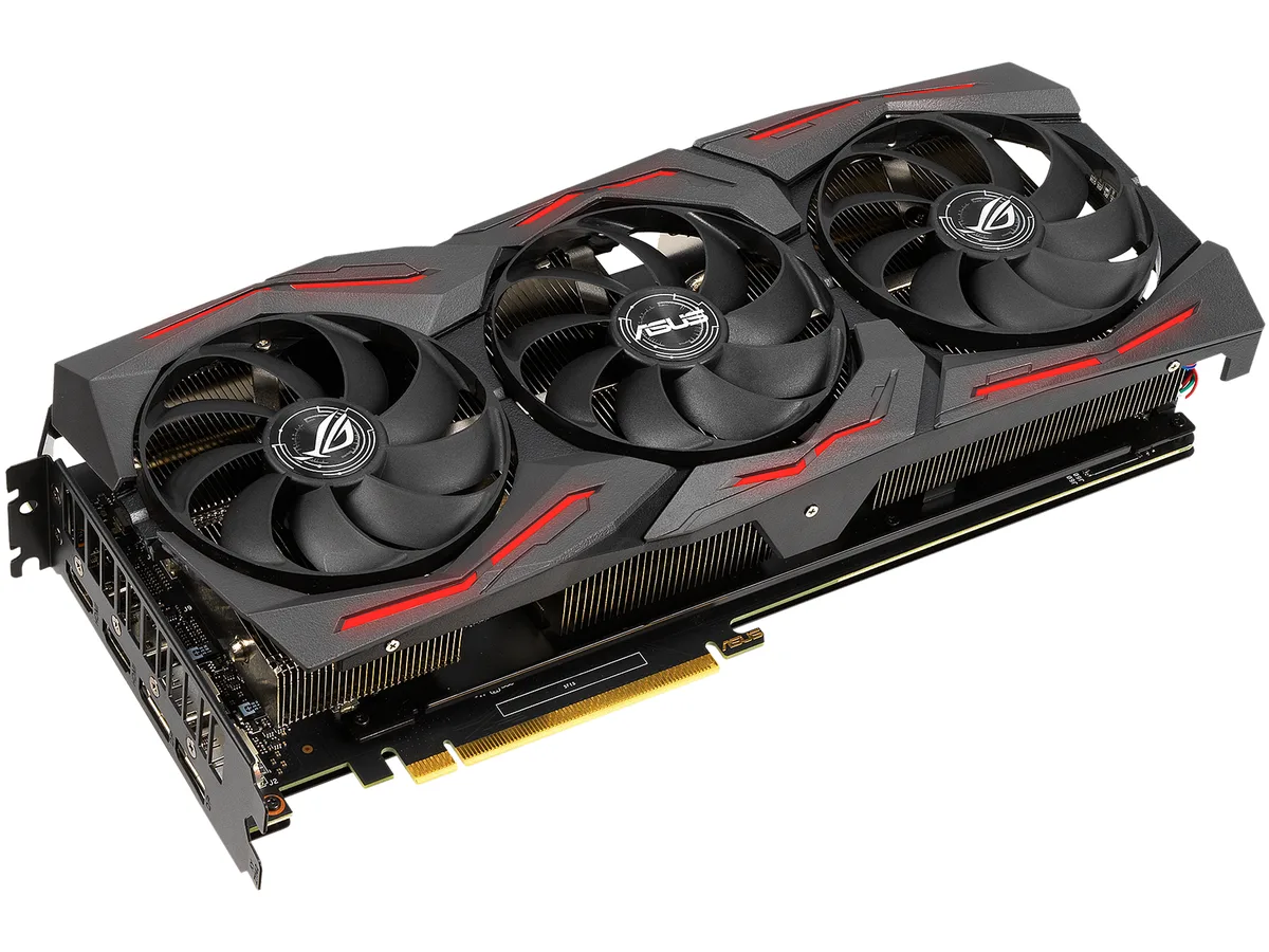 Black triple-fan graphics card with silver accents, PCIe 3.0 interface, two HDMI 2.0b and two DisplayPort 1.4 outputs