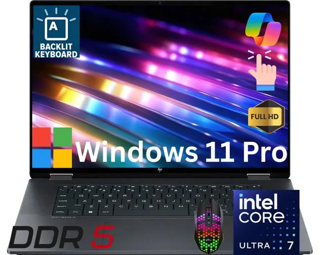 Black 16 inch 2-in-1 laptop with touchscreen display and backlit keyboard