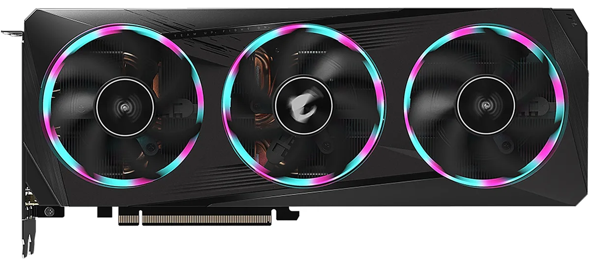 AORUS RTX 3050 graphics card with three WINDFORCE fans and metal backplate