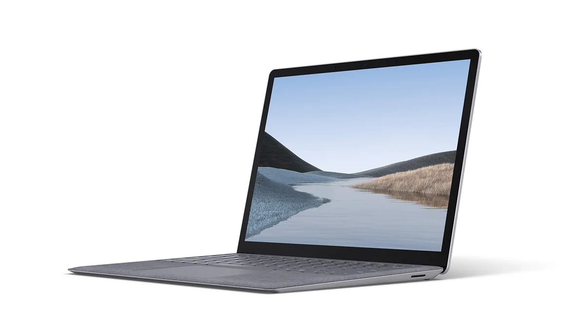 Silver Microsoft Surface Laptop 3 15 inch laptop closed on white background