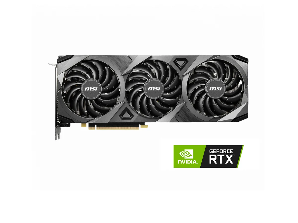 MSI RTX 3070 Ventus triple-fan graphics card, dark metal finish, 305 mm long