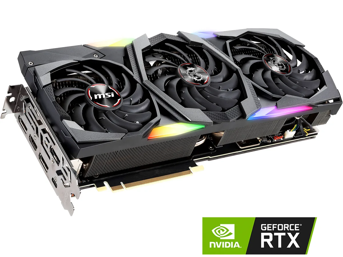 MSI RTX 2080 Ti Gaming X Trio triple-fan graphics card with silver shroud and RGB lighting
