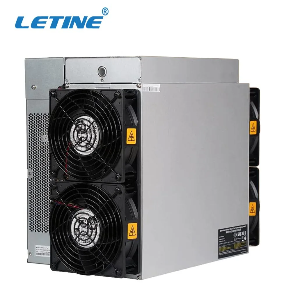 Rectangular metal mining unit, matte silver finish, four fans visible on one side, Ethernet port on rear, 290 by 195.5 by 370 mm