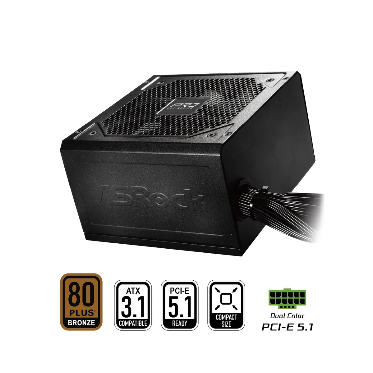 Black rectangular ATX power supply with 120 mm fan and green accent cables