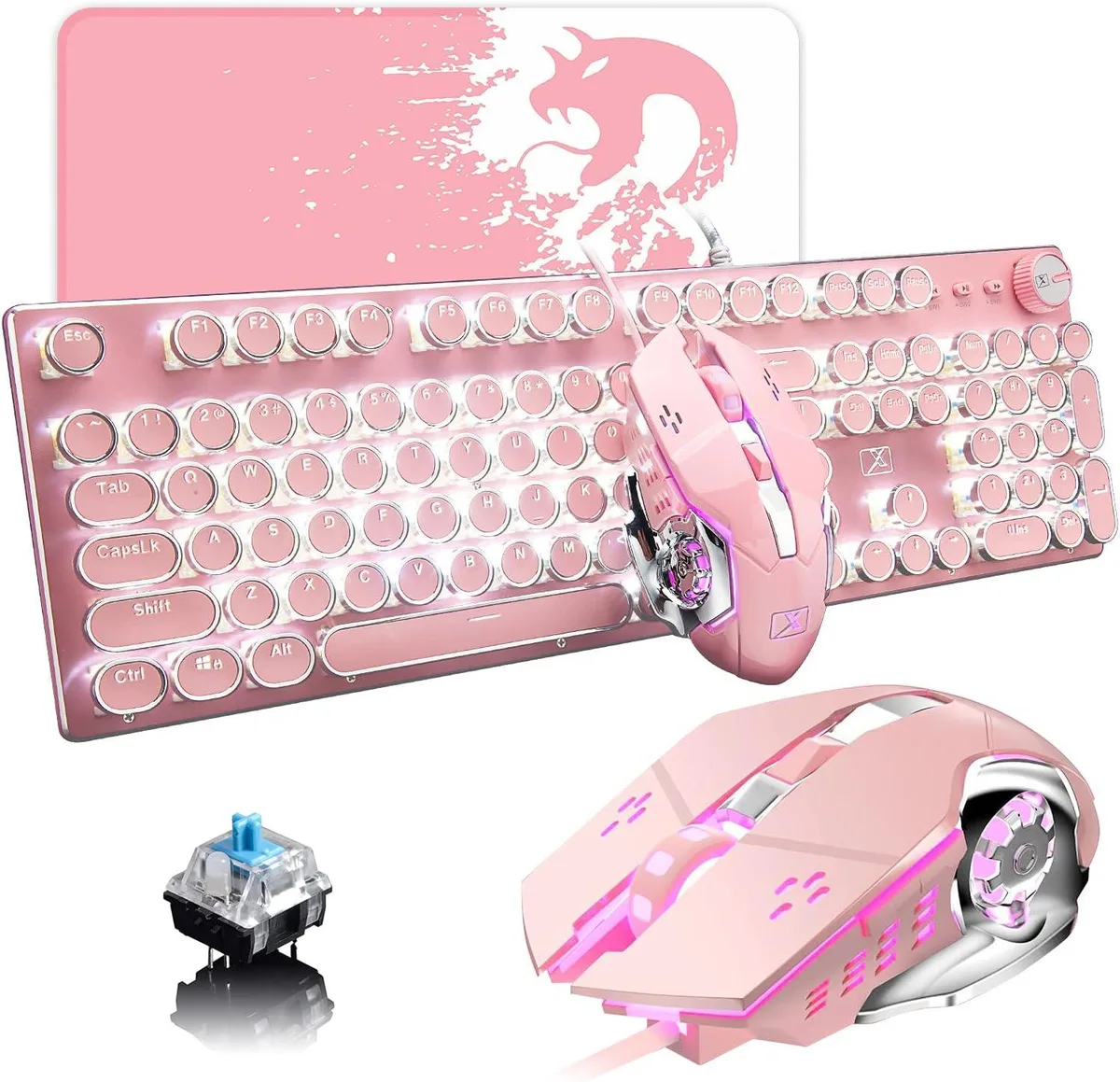 TUKO TUKO Pink Retro Mechanical Gaming Keyboard & Mouse Combo 104 Keys Blue Switch White LED 30 Modes — produktbild
