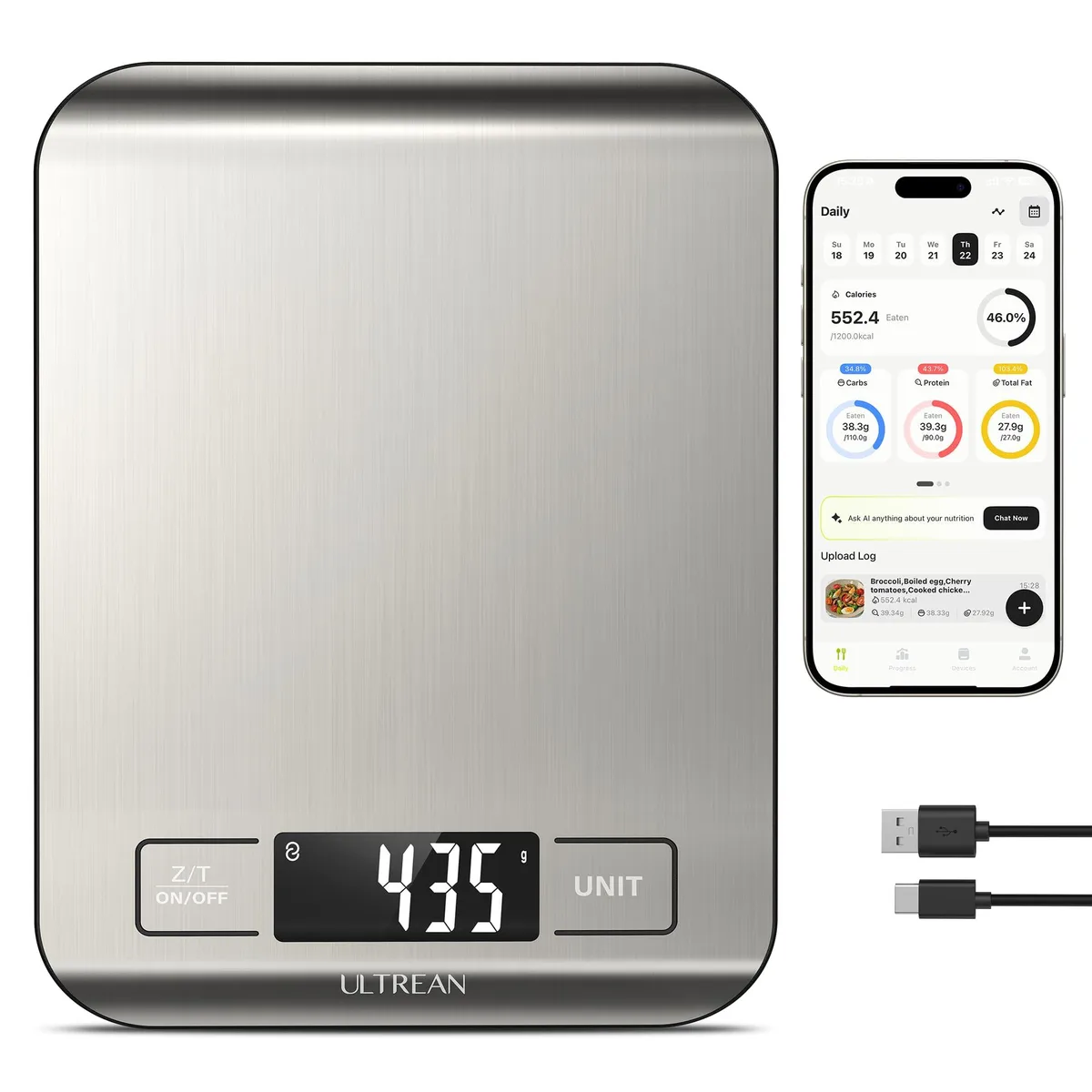 Ultrean JKS18 Smart Food Scale 33lb 15kg Stainless Steel Rechargeable — foto do produto