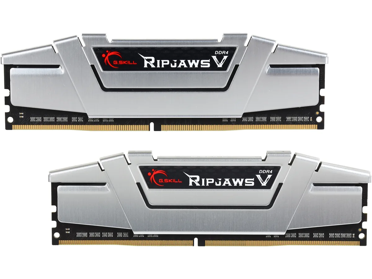 Two silver DDR4 sticks with aluminum heatspreaders side by side
