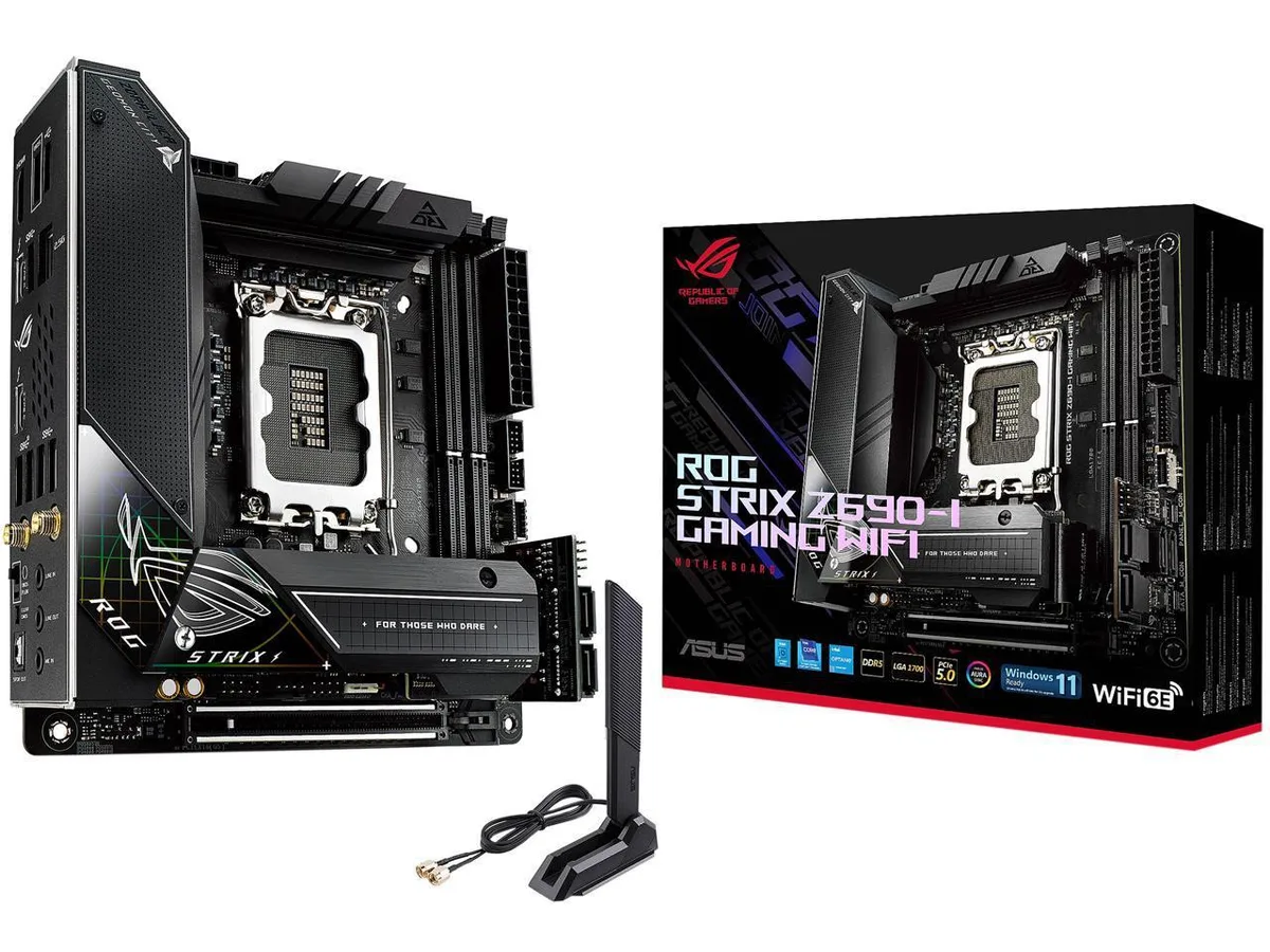Compact ITX motherboard in dark finish with integrated I/O shield and prominent VRM heatsinks