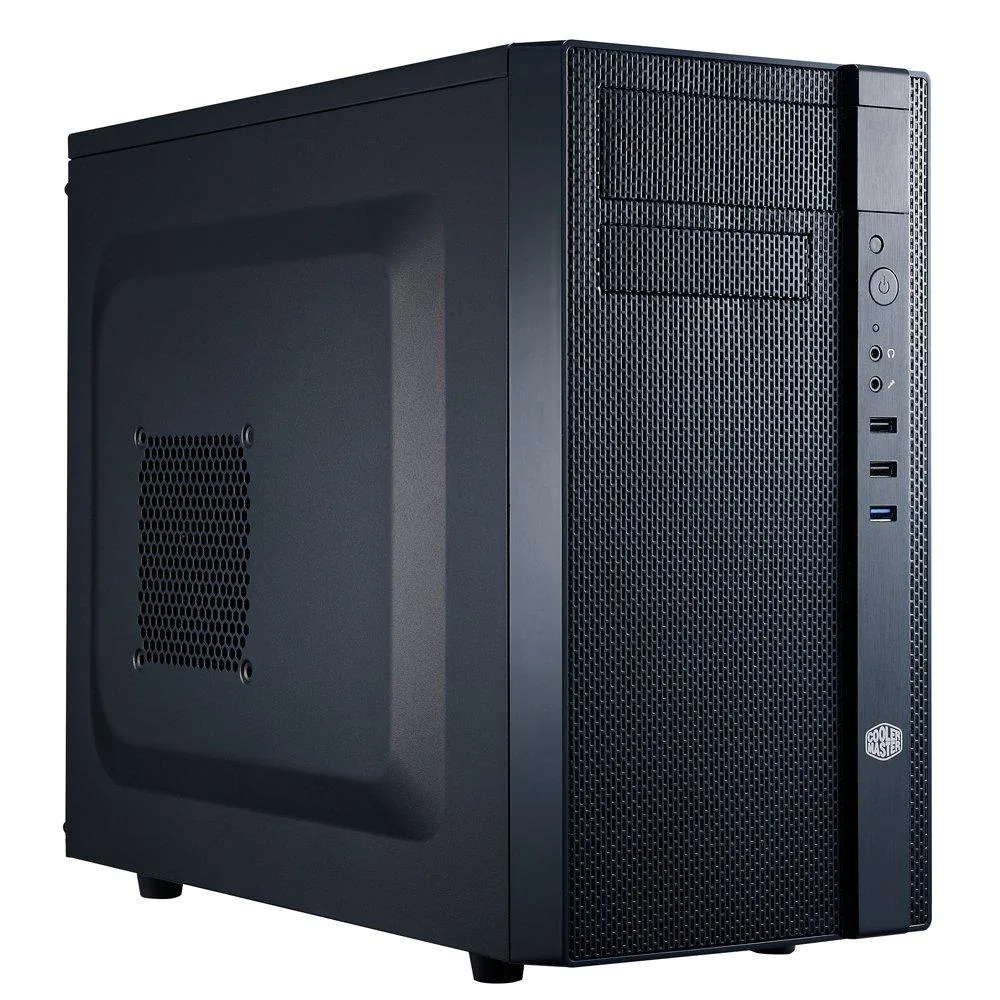 Black mini-tower PC case with rectangular mesh front panel and vertical I/O ports