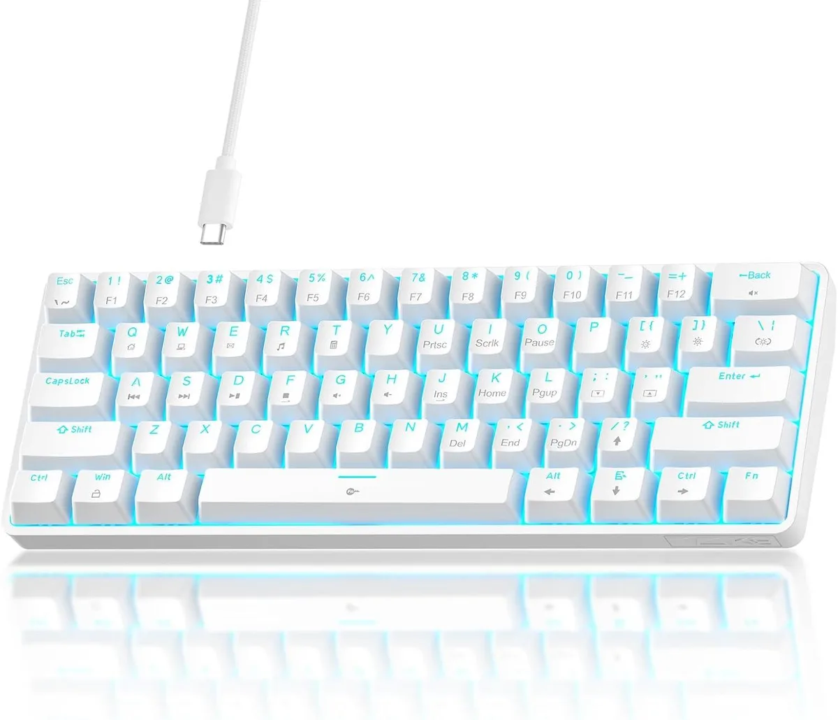 White compact 60 percent mechanical keyboard with red linear switches and LED backlighting