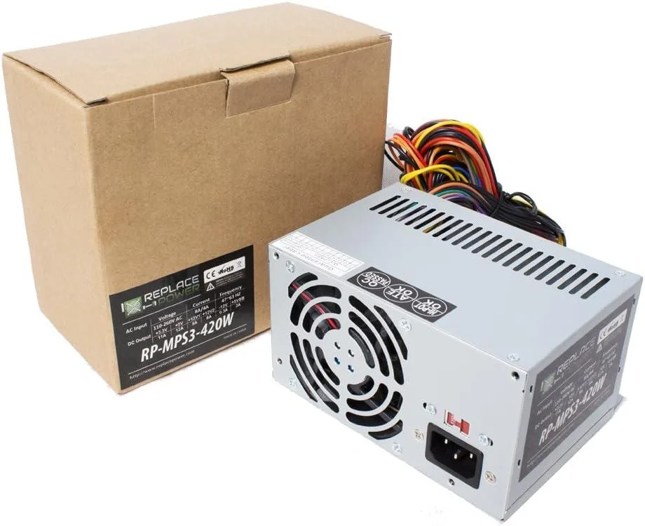 Rectangular AT power supply unit with matte metal casing and integrated cables visible
