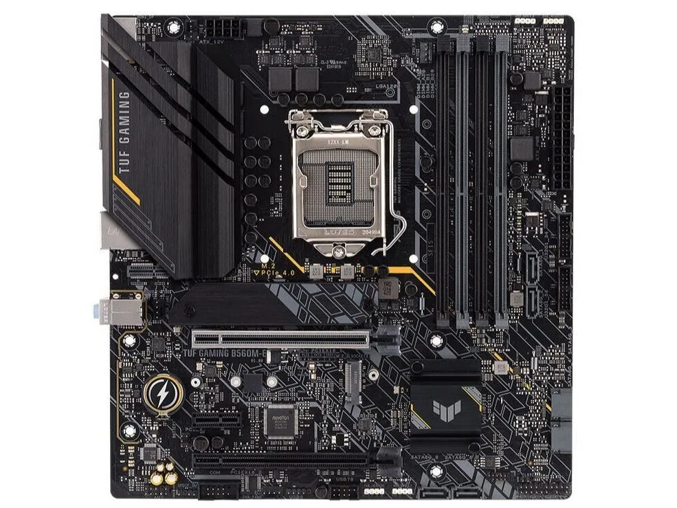 Micro ATX motherboard with black PCB and grey heatsinks