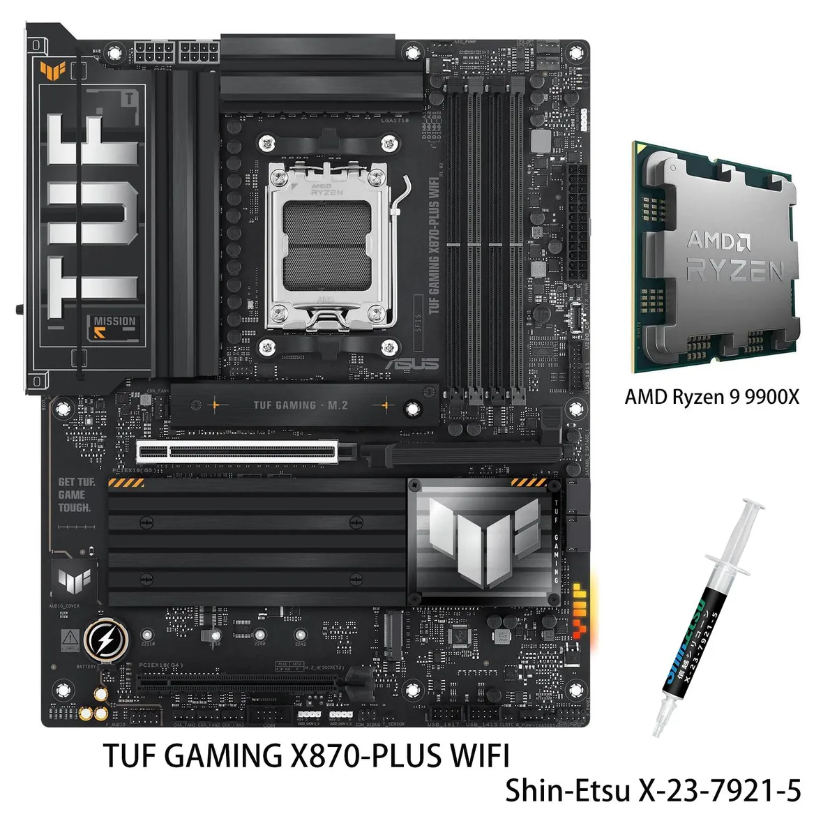 ATX motherboard with CPU installed, grey heatsinks and black PCB