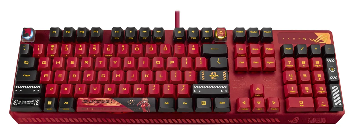 Full-size wired gaming keyboard in EVA red and orange with transparent Esc and F12 keycaps and dye-sub spacebar