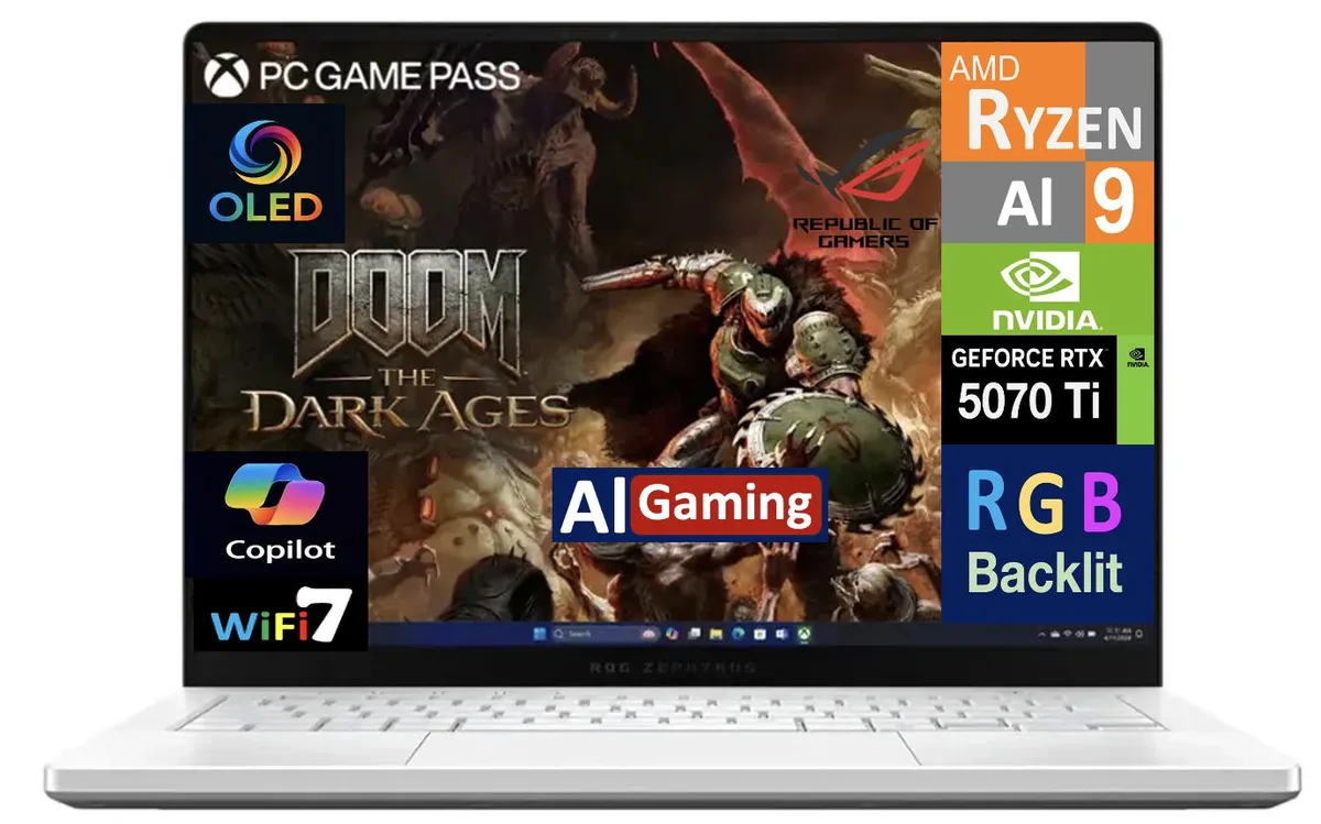 Platinum White 14 inch gaming laptop with OLED display and RGB keyboard