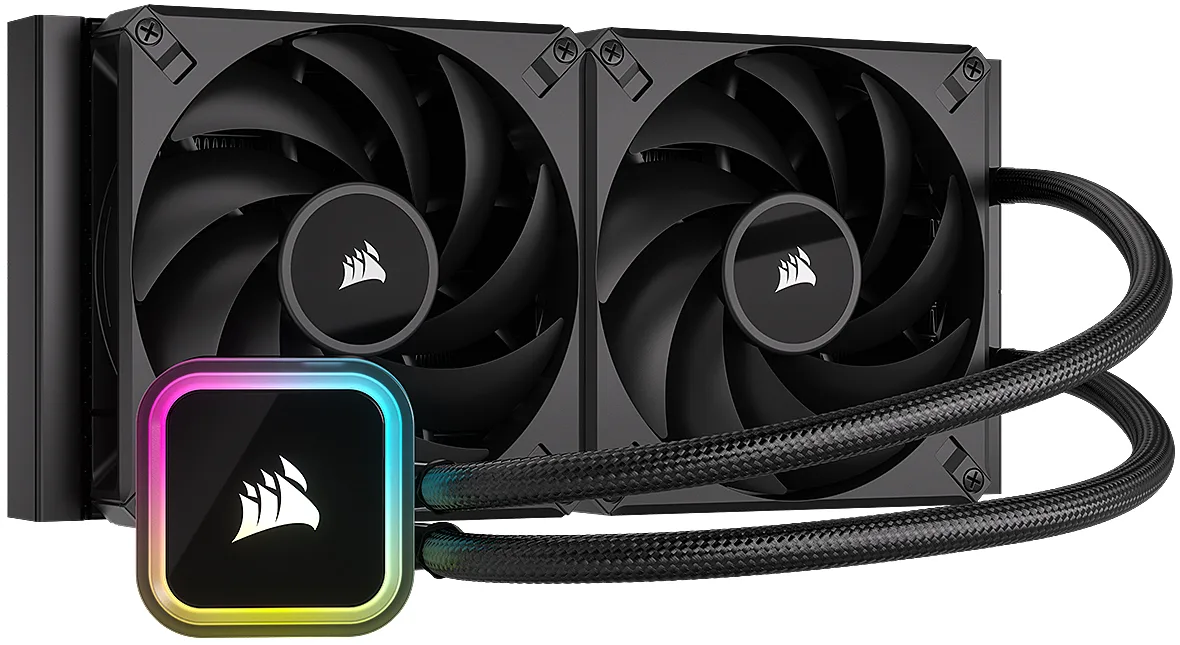 Black 280mm radiator with two 140mm fans and RGB pump head