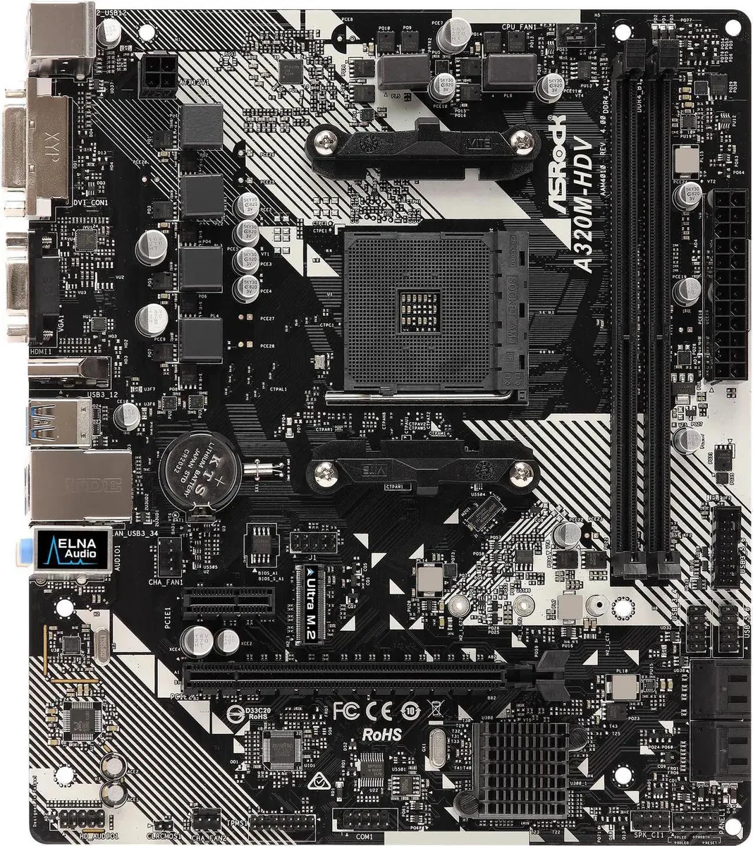 Green rectangular micro-ATX board with silver CPU socket, two black DDR4 slots, full-size PCIe x16 slot