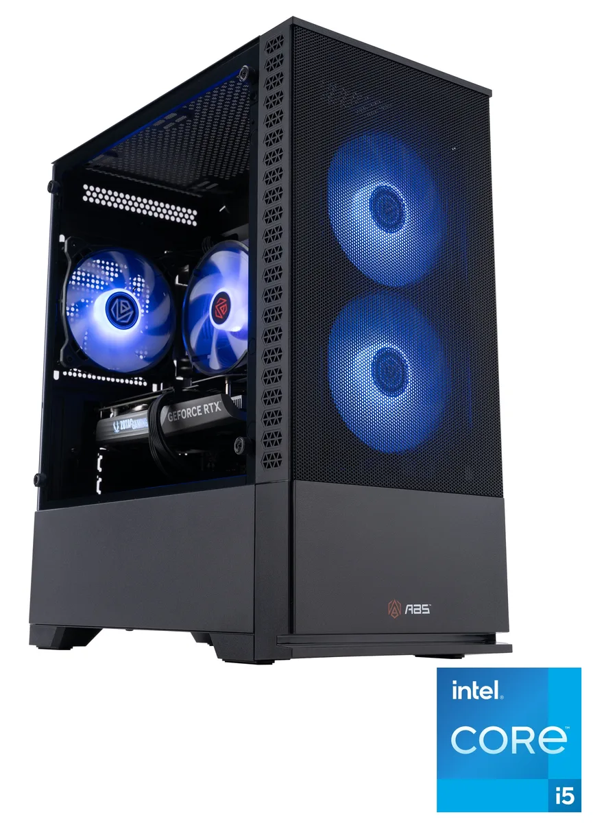Black micro-tower gaming desktop with RGB air cooler visible inside
