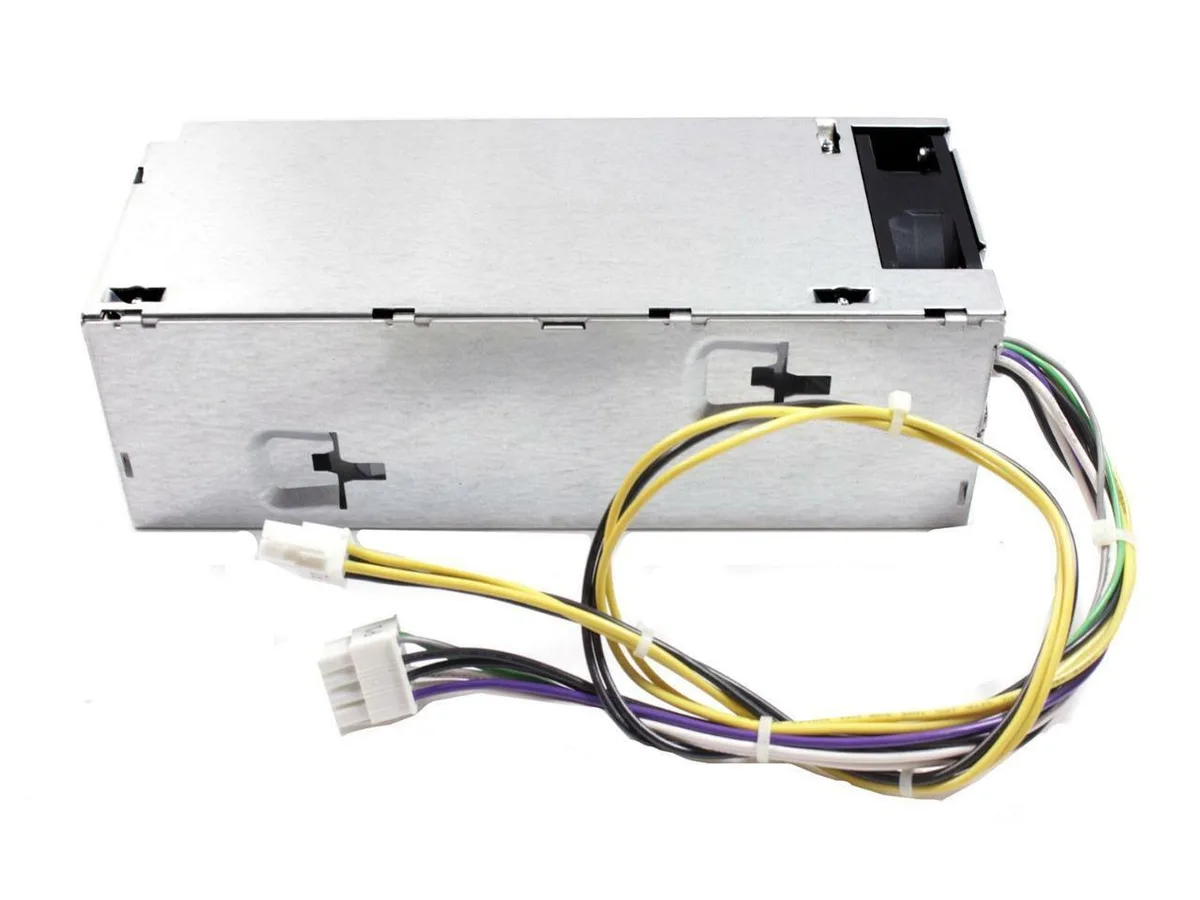Rectangular metal SFF power supply unit, matte black finish, side ventilation grille, label with Dell branding and specifications