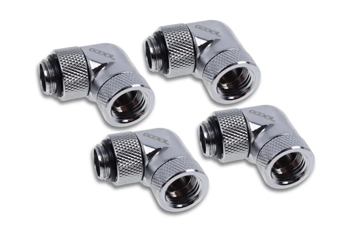 Four chrome 90-degree G1/4 rotary adapters in a pack