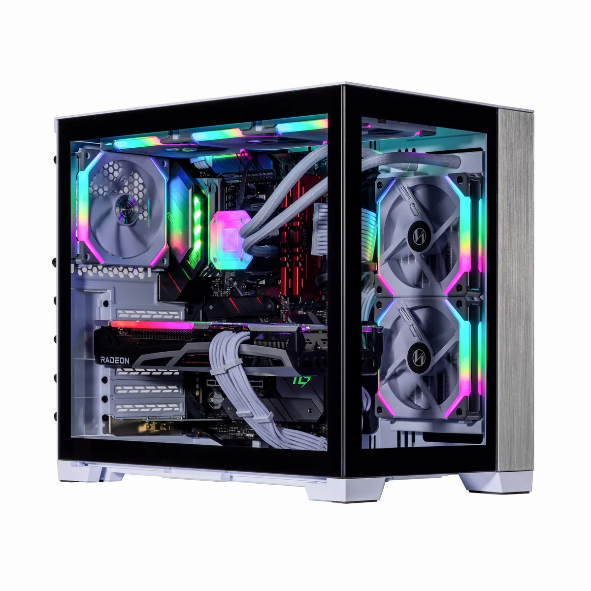 White compact gaming desktop with RGB liquid cooling visible inside