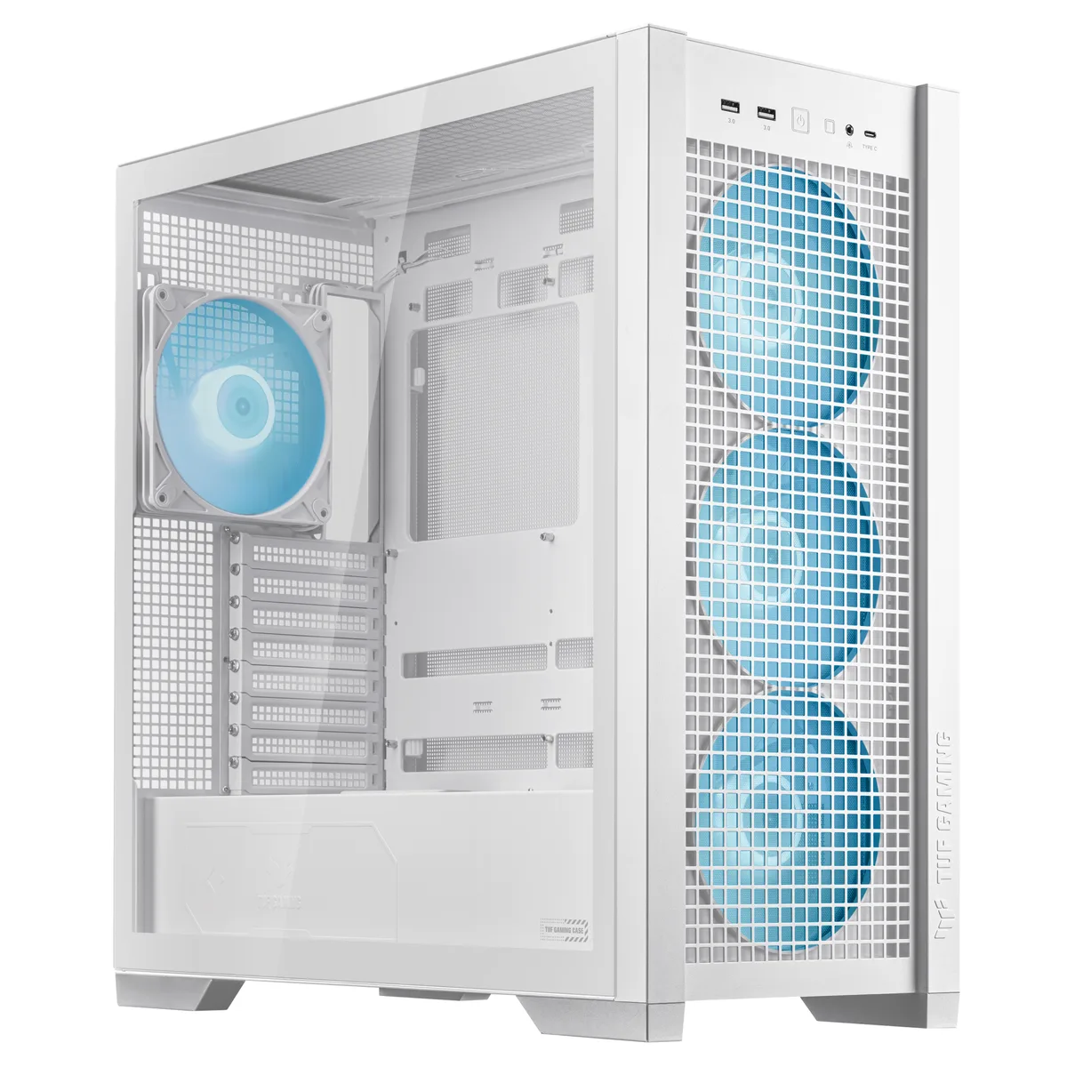 White mid-tower case with tempered glass side panel and four pre-installed ARGB fans