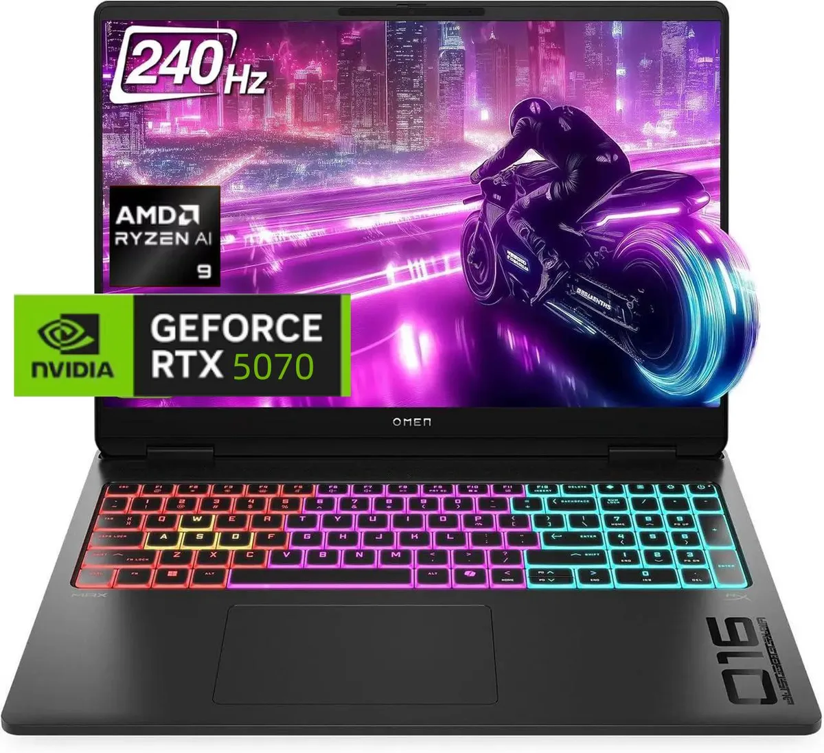Black 16 inch gaming laptop with thin screen bezels and RGB backlit keyboard