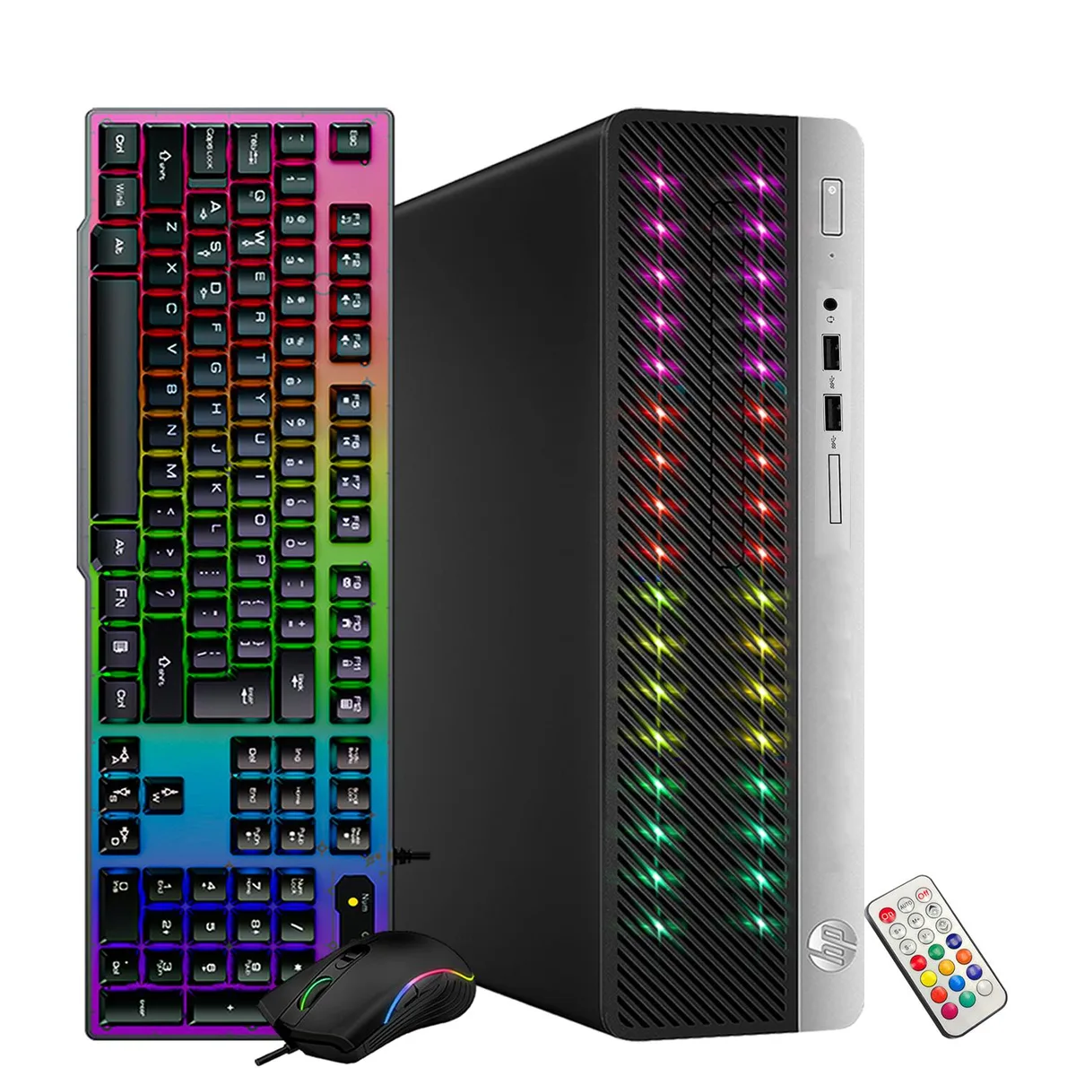 Black small-form-factor desktop tower with RGB front panel lighting, wired keyboard and mouse included