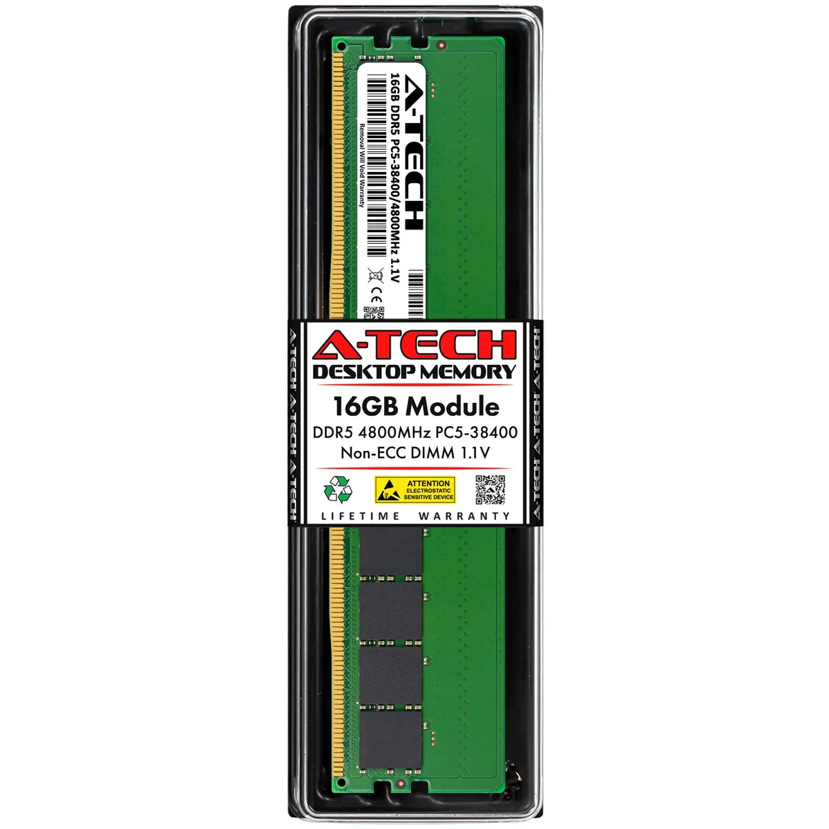 Green circuit board with black memory chips, no heat spreader, 288-pin DDR5 DIMM