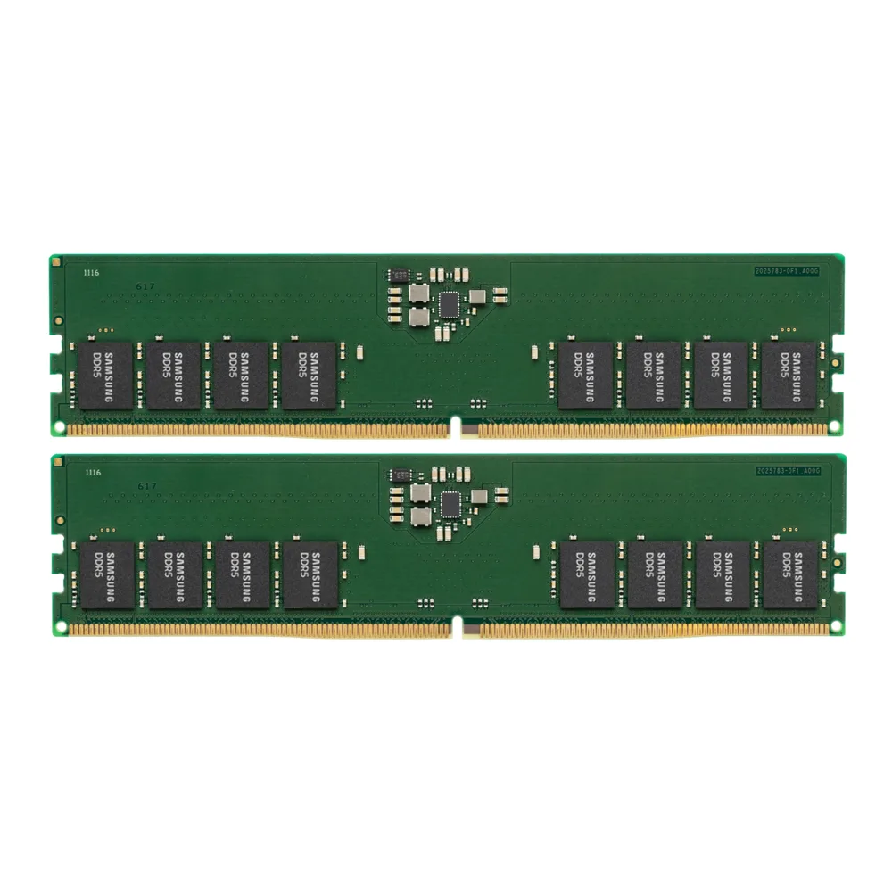 Two green rectangular circuit boards with black memory chips and gold edge connectors