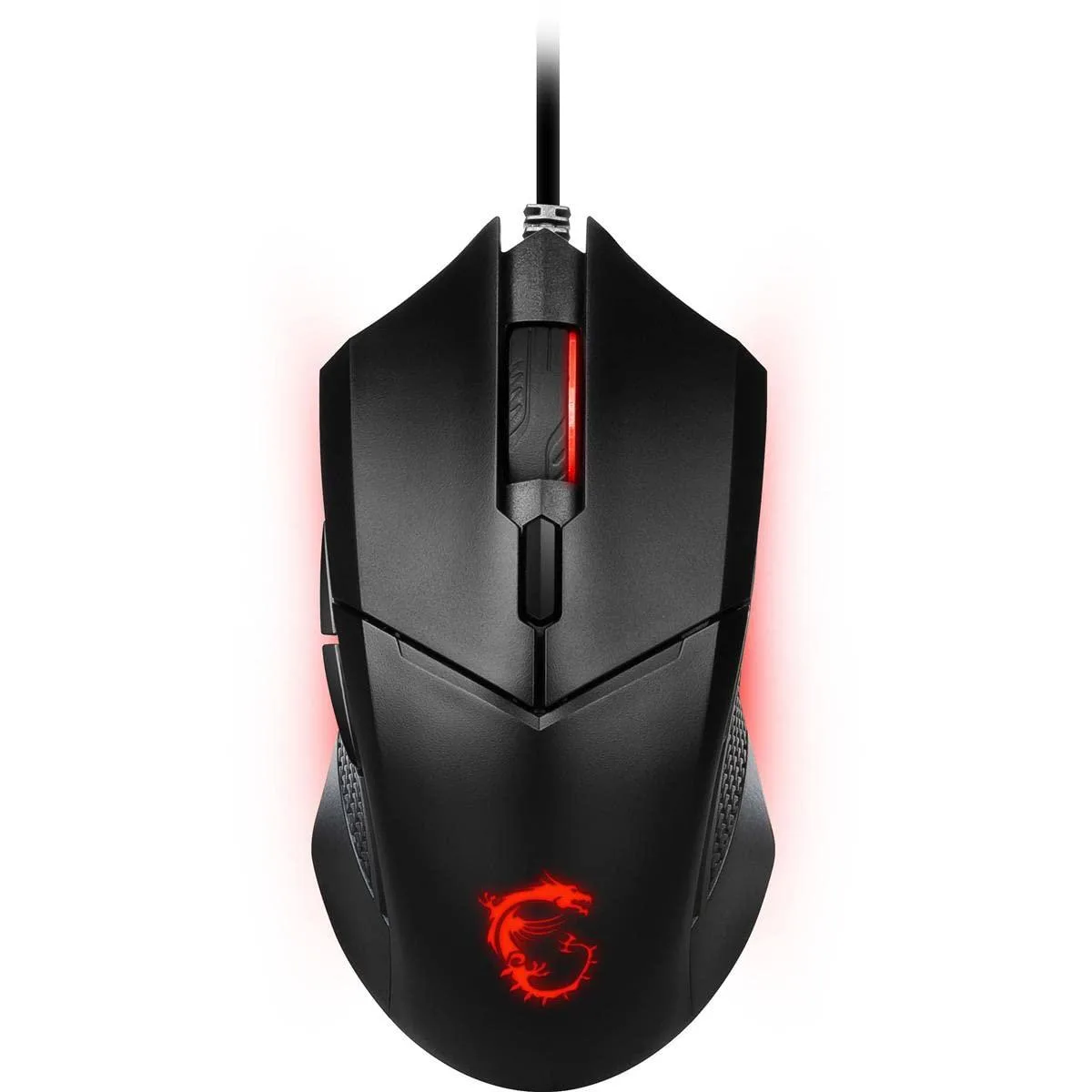 Black symmetrical gaming mouse with red LED lighting and adjustable weight system