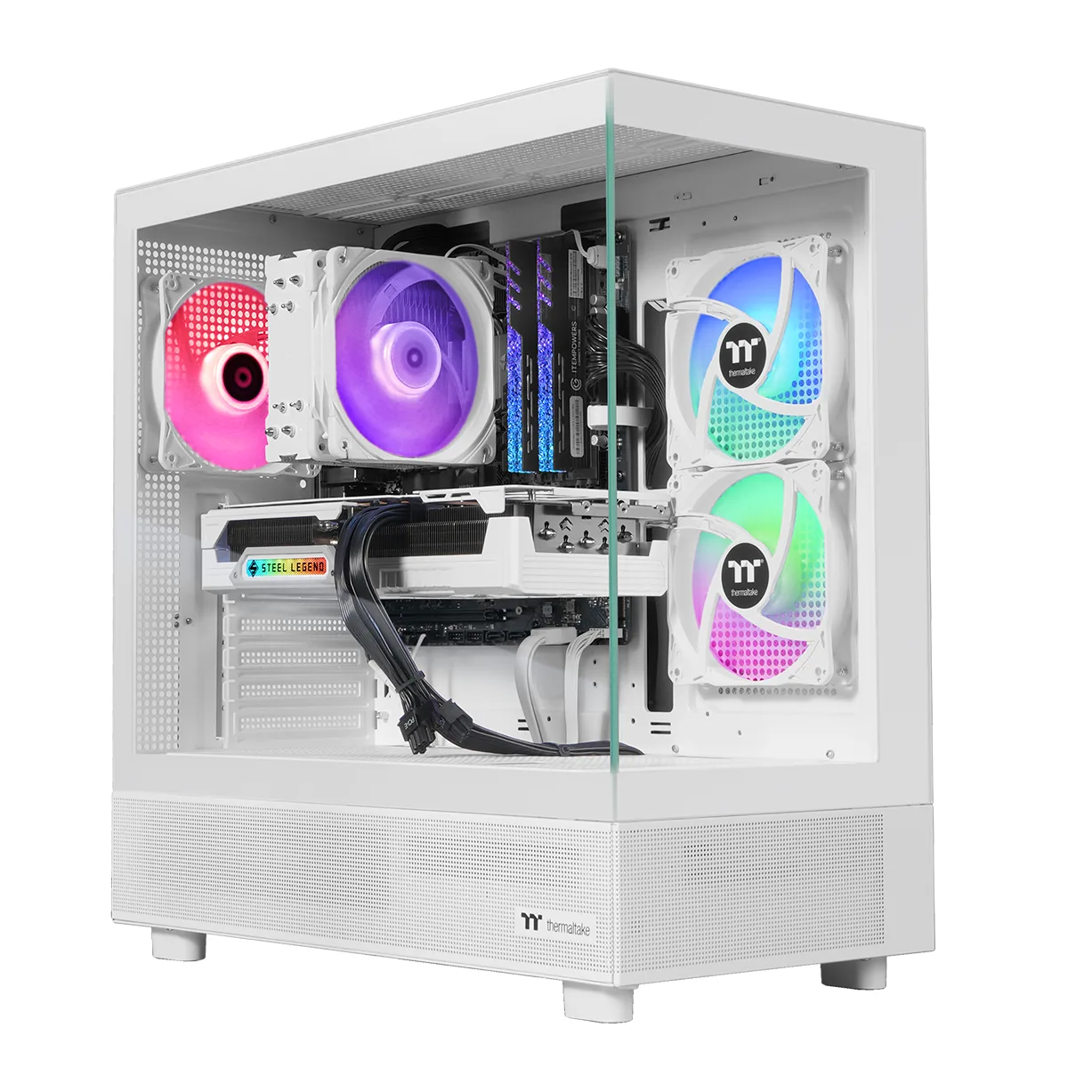 White mid-tower desktop with tempered glass side panel
