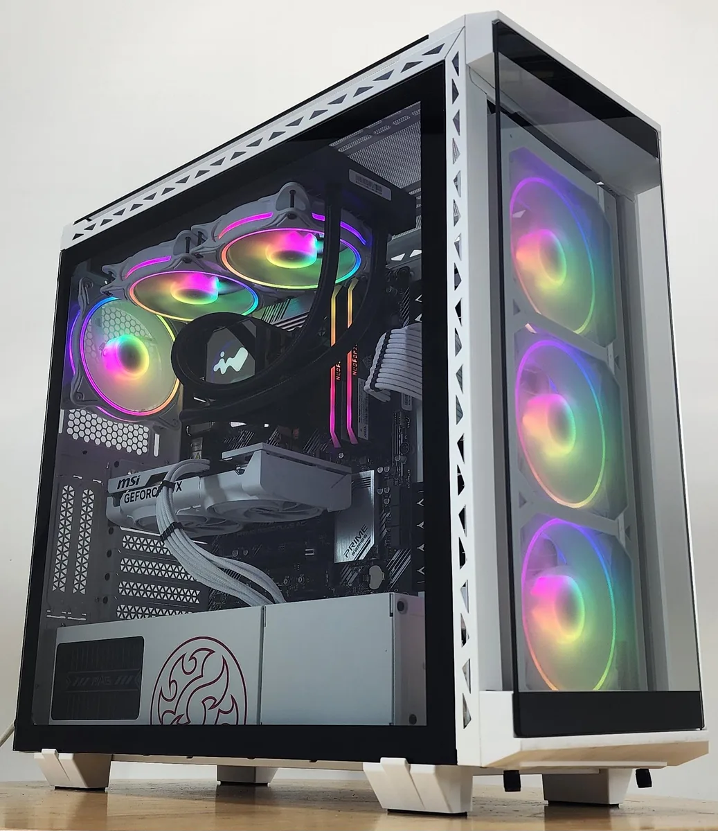 White mid-tower case with front USB-C and RGB AIO cooler visible