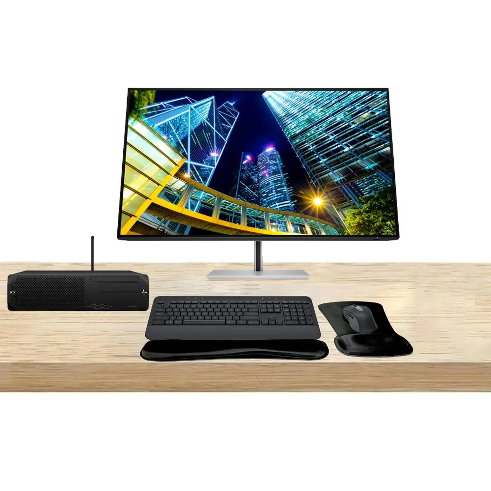 Black HP Z2 SFF G9 workstation, 32-inch 4K monitor, wireless keyboard and mouse set