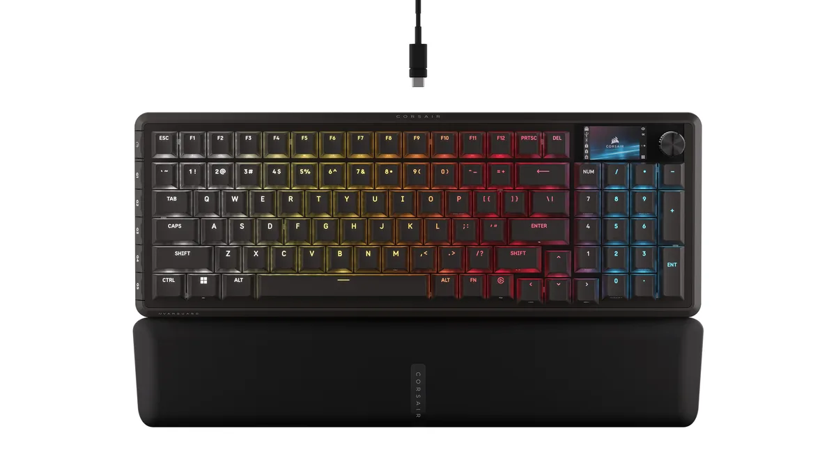 Black 96% mechanical keyboard with LCD screen, rotary dial and detachable palm rest